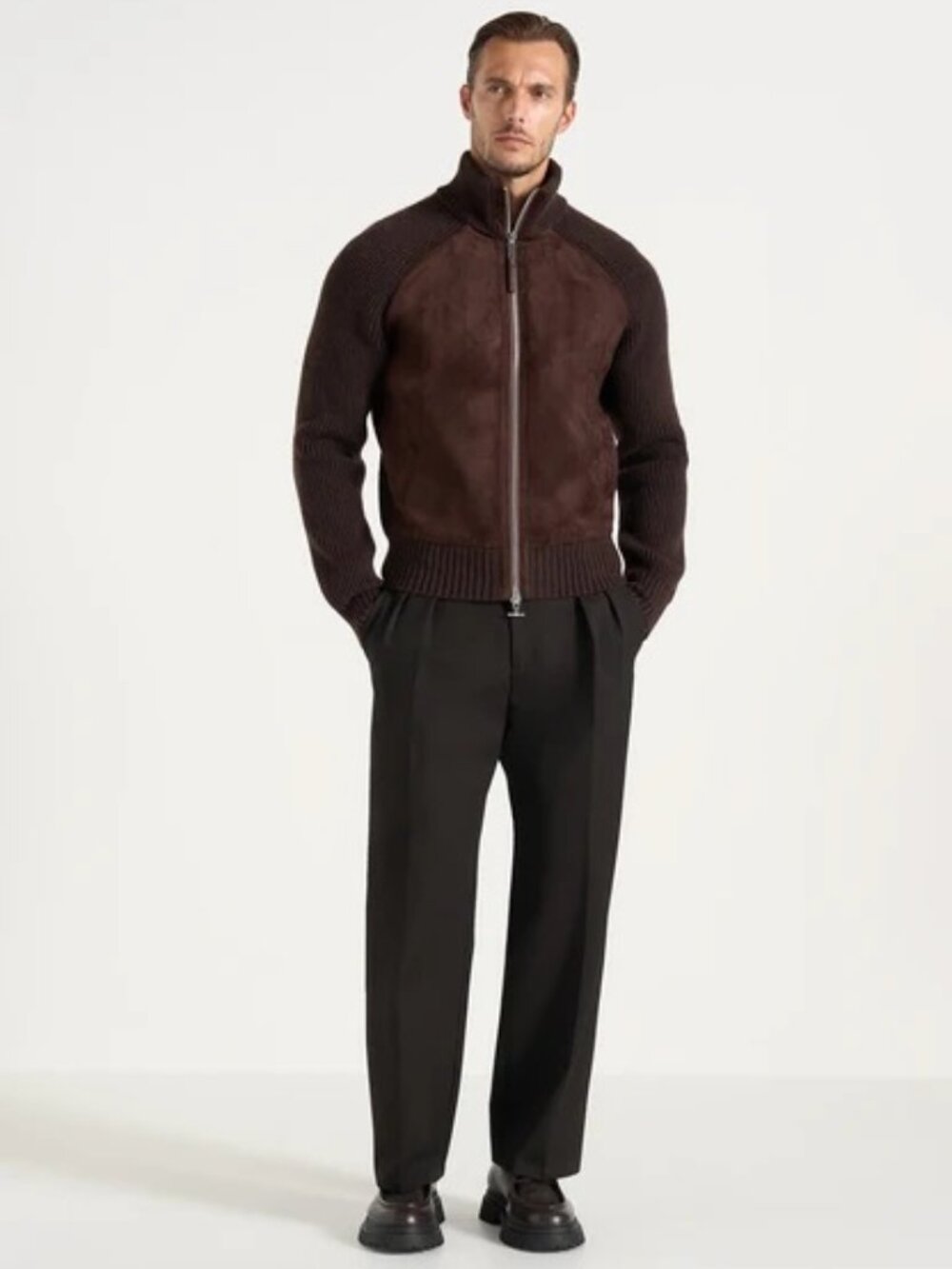 Armani Exchange Men's Knit Merino Wool/Faux Suede Zip Jacket Saize M Brown